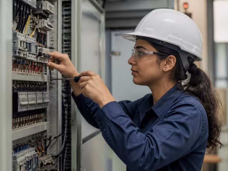 Female electronics industry worker on a production line