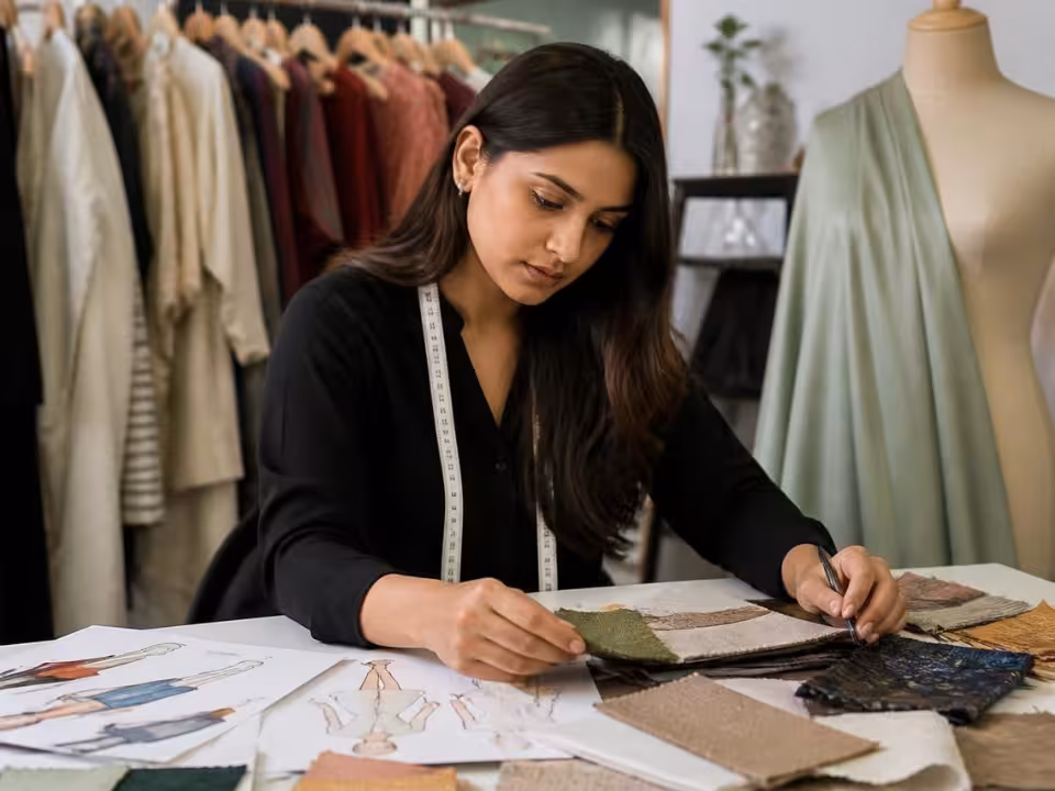 Female textile industry worker on a garment production line